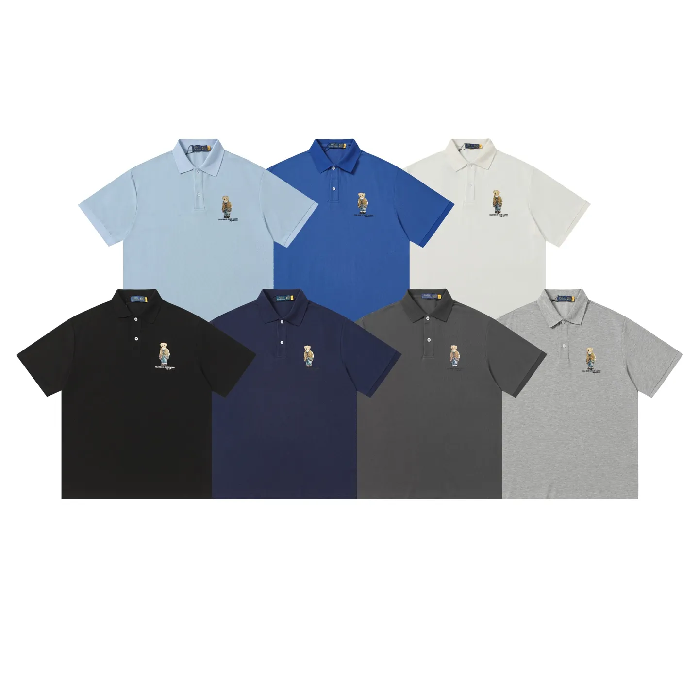 P156 Style number: A016 [Ralph Lauren classic bear print Polo shirt] ✅250 grams of fine cotton pique fabric, custom-woven and dyed threads ✅Original stickers Scan the QR code to enter the official website ✅Large version, loose and stylish, can wear up to 210 pounds Color: black, white, navy, blue, sky blue, dark gray, floral gray Size: S-XL